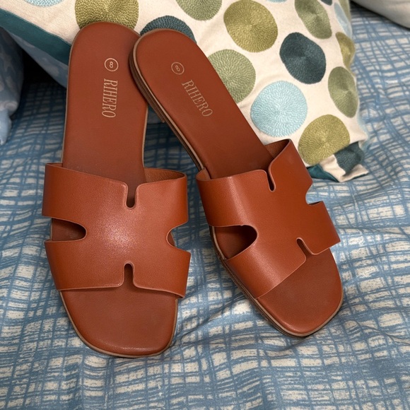 Rihero Women's Brown Square Toe Slide Faux Leather Sandals Size 8 - Picture 1 of 5